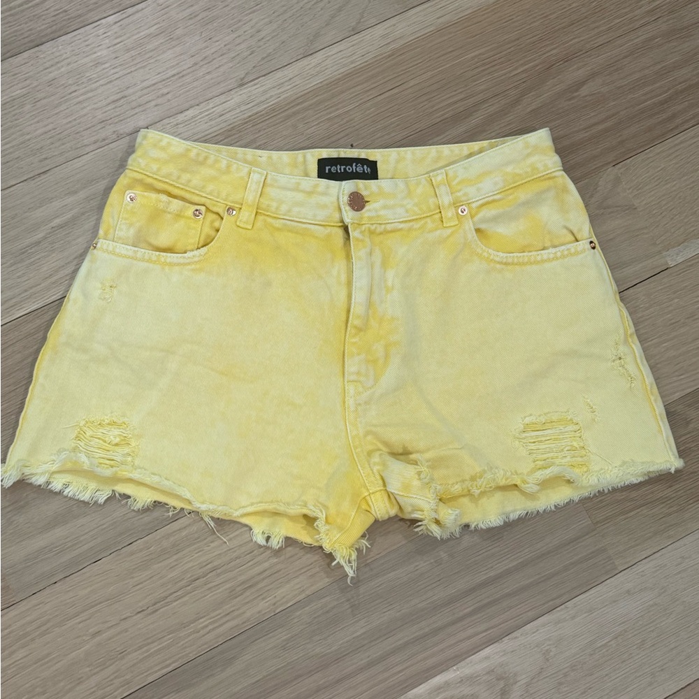 Retrofete Yellow Distressed Denim Shorts